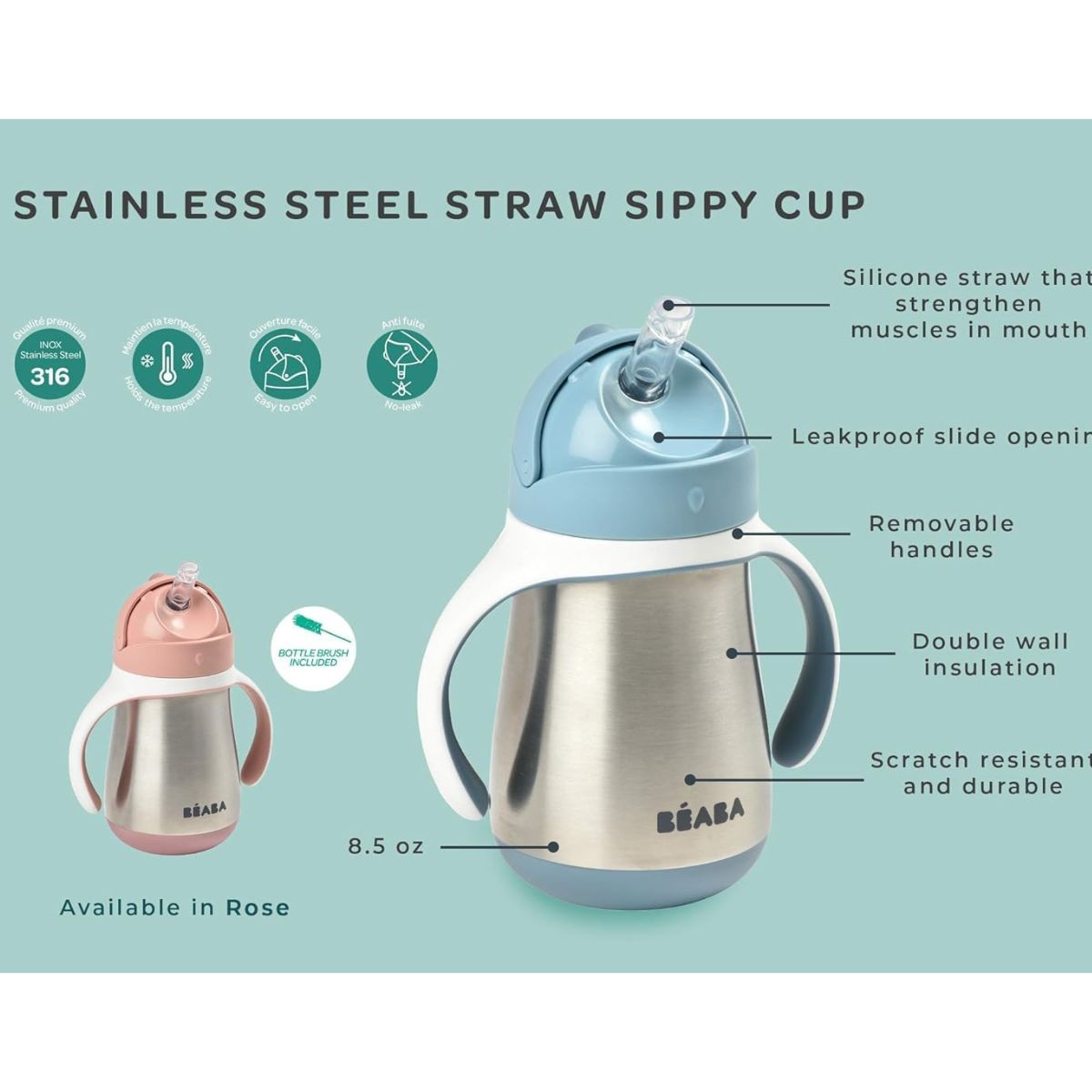 Beaba Stainless Steel Straw Sippy Cup - Oat - Keeps Drinks at the Right Temperature