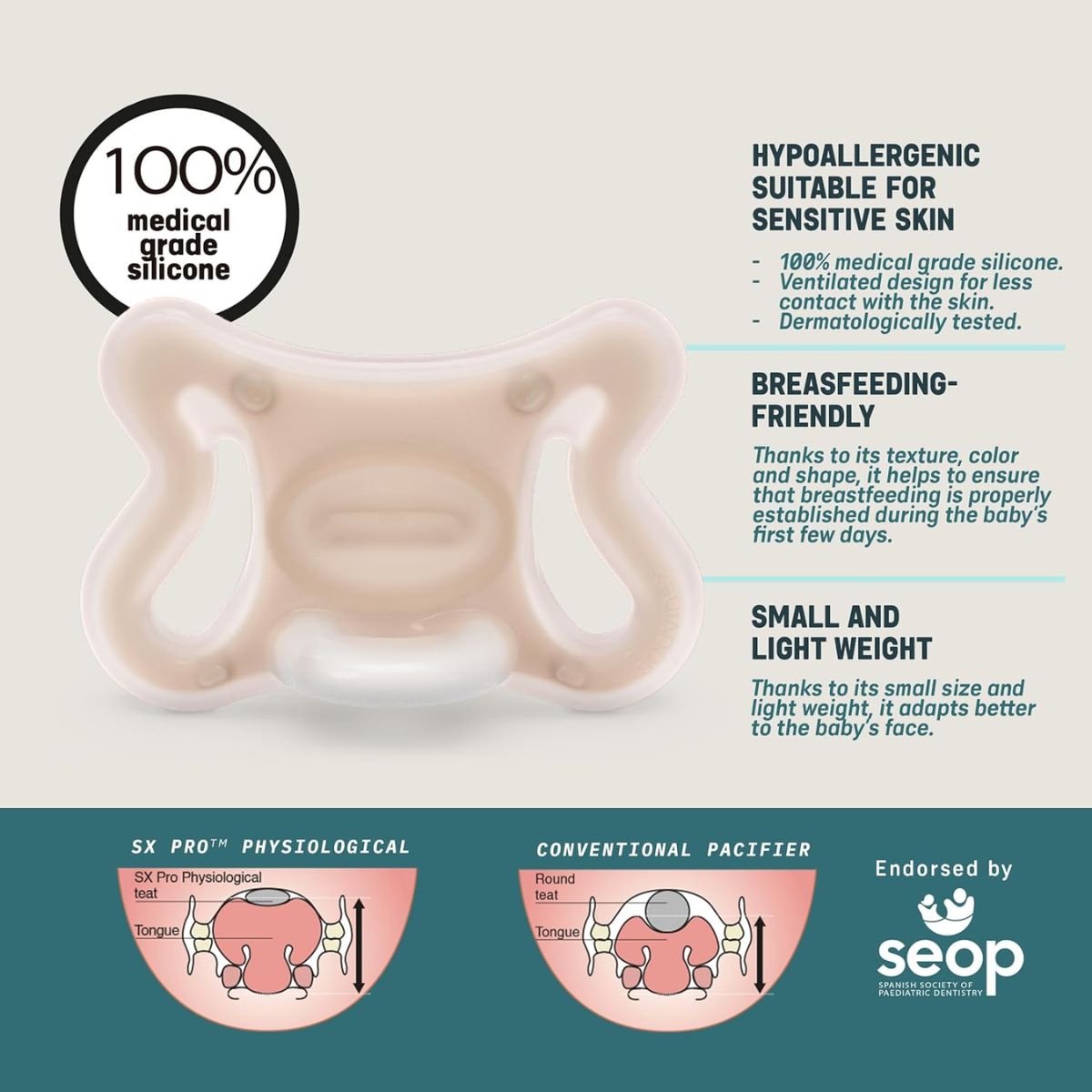 Suavinex Zero.Zero Silicone Pacifier SX Pro 0-6M - Light Tone - Supports Natural Oral Development